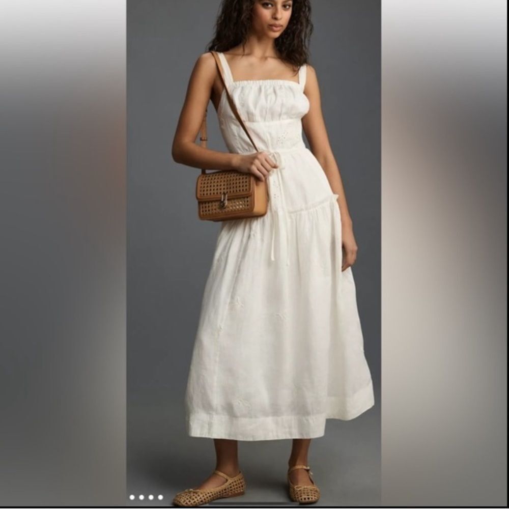 By Anthropologie Linen Square-
Neck Midi Dress Linen; cotton lining